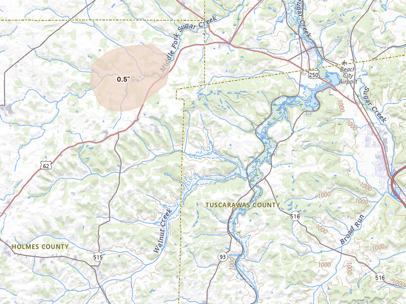Radar-estimated hail-size map of the storm over Dundee, OH on Jul 4, 2026