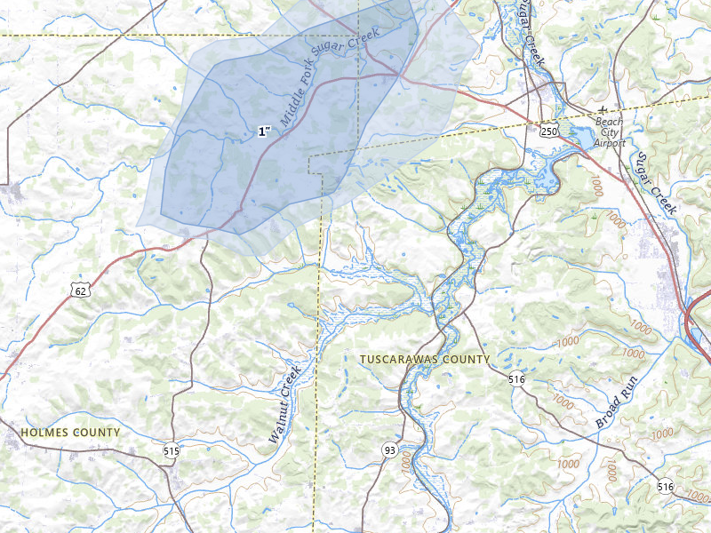 NEXRAD radar-signature map of the hail over Dundee, OH