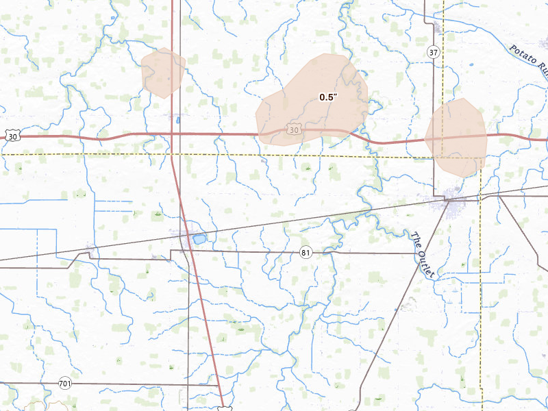 Radar-estimated hail-size map of the storm over Dunkirk, OH on Jul 18, 2026