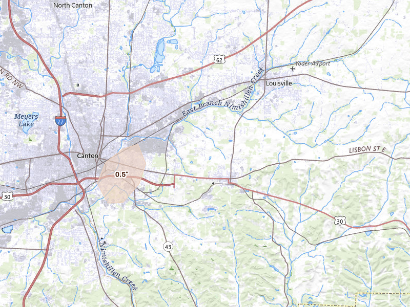 Radar-estimated hail-size map of the storm over East Canton, OH on Jul 5, 2026