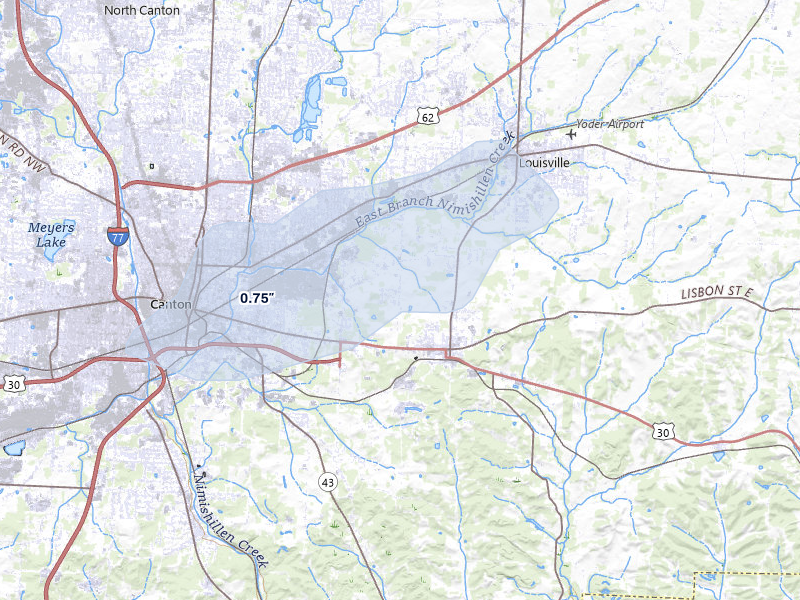 NEXRAD radar-signature map of the hail over East Canton, OH