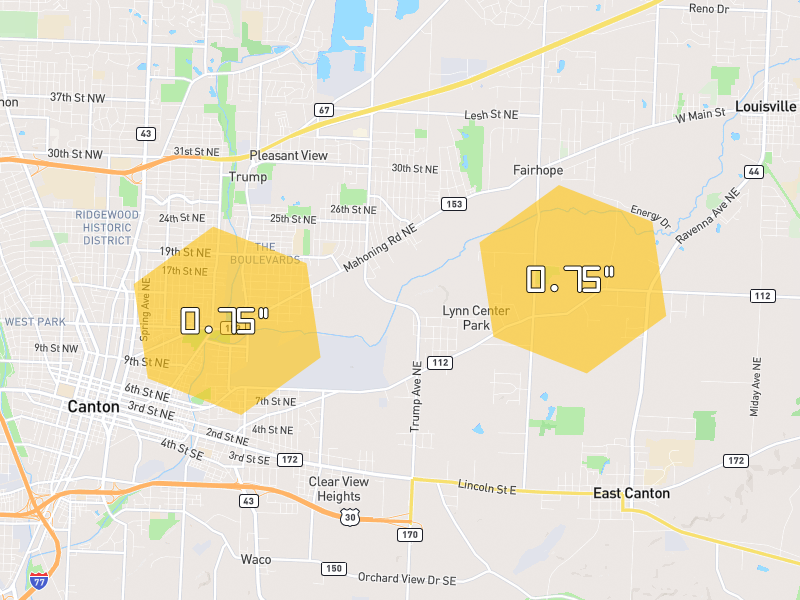 Hail map of East Canton, OH on Jul 5, 2026, hail up to 0.75"
