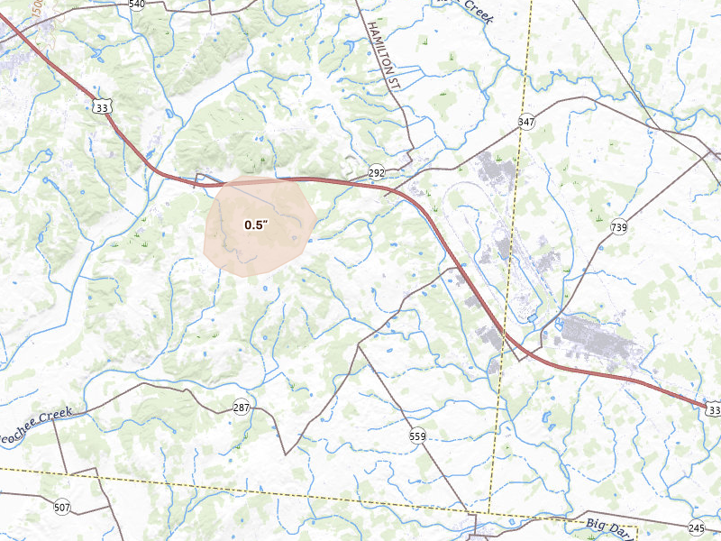 Radar-estimated hail-size map of the storm over East Liberty, OH on Jul 18, 2026