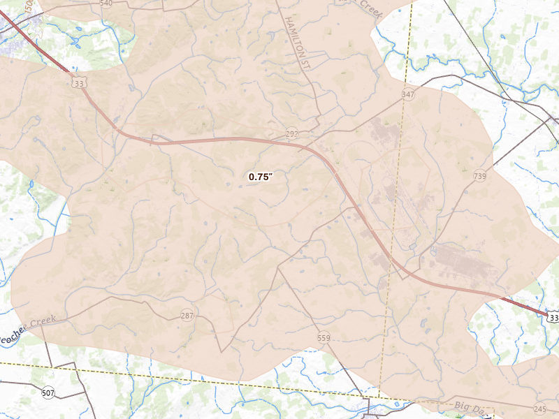 Radar-estimated hail-size map of the storm over East Liberty, OH on Aug 10, 2026