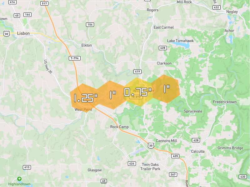 Hail map of East Liverpool, OH on Jul 9, 2026, hail up to 1.25"