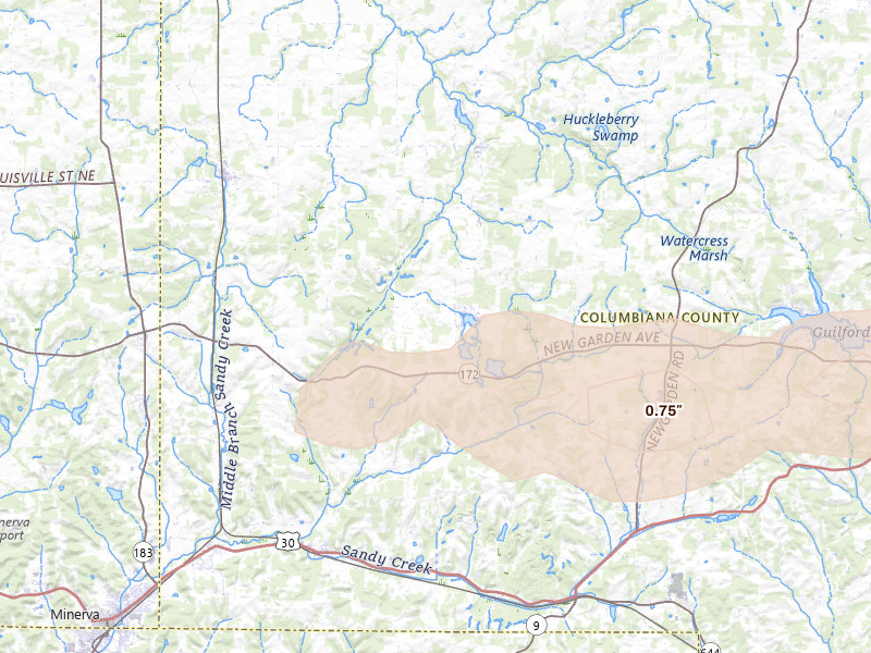Radar-estimated hail-size map of the storm over East Rochester, OH on Jul 4, 2026