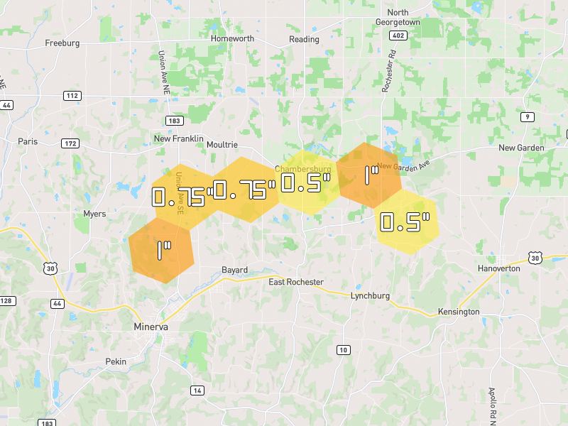 Hail map of East Rochester, OH on Jul 4, 2026, hail up to 1"