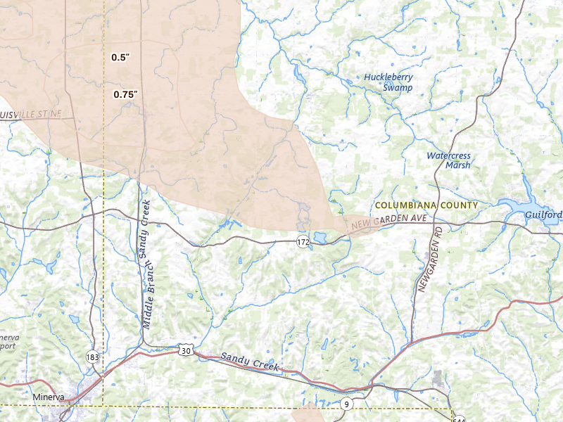 Radar-estimated hail-size map of the storm over East Rochester, OH on Aug 10, 2026