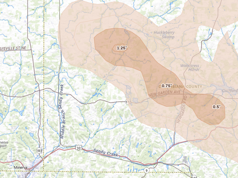 Radar-estimated hail-size map of the storm over East Rochester, OH on Sep 3, 2026