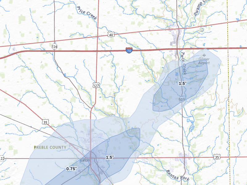 NEXRAD radar-signature map of the hail storm over Eaton, OH on Apr 3, 2026
