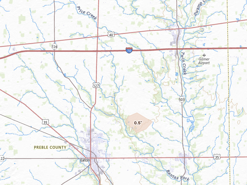 Radar-estimated hail-size map of the storm over Eaton, OH on Aug 7, 2026