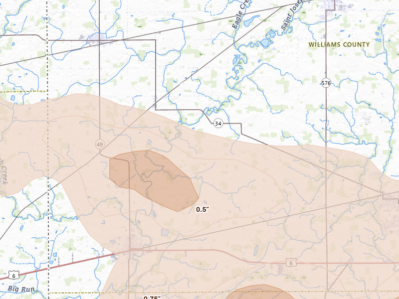 Radar-estimated hail-size map of the storm over Edgerton, OH on Mar 26, 2026