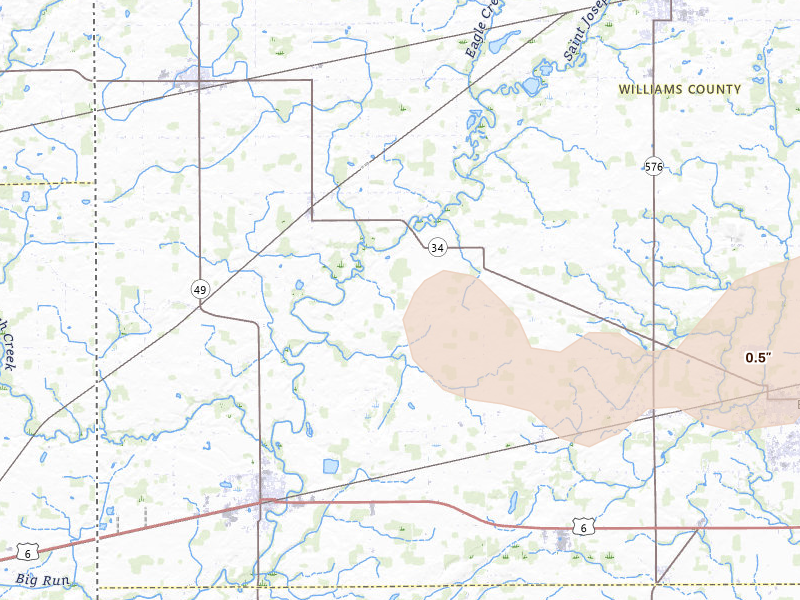 Radar-estimated hail-size map of the storm over Edgerton, OH on Apr 22, 2026