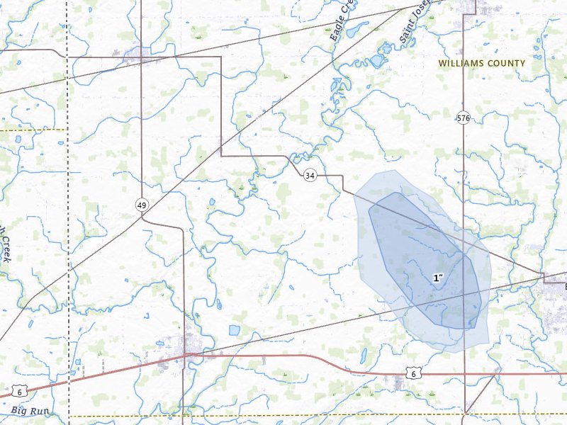 NEXRAD radar-signature map of the hail storm over Edgerton, OH on Apr 22, 2026
