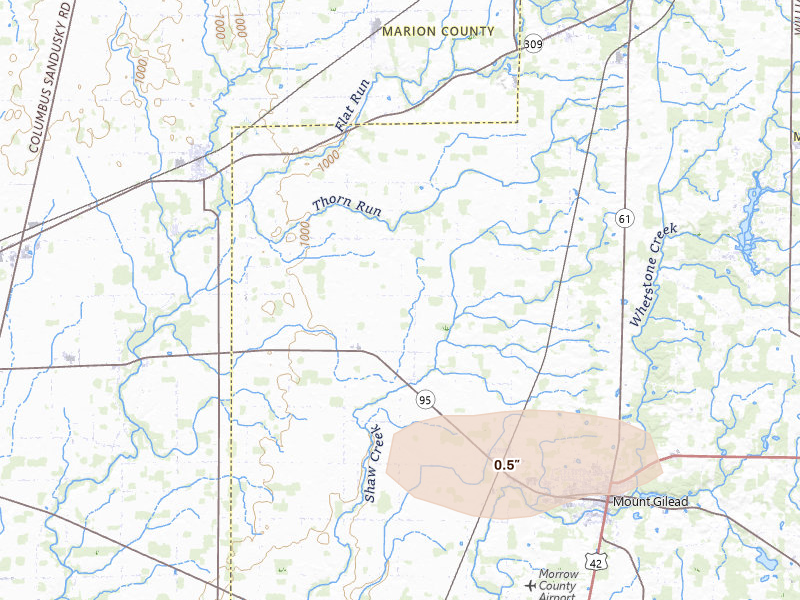 Radar-estimated hail-size map of the storm over Edison, OH on Apr 3, 2026