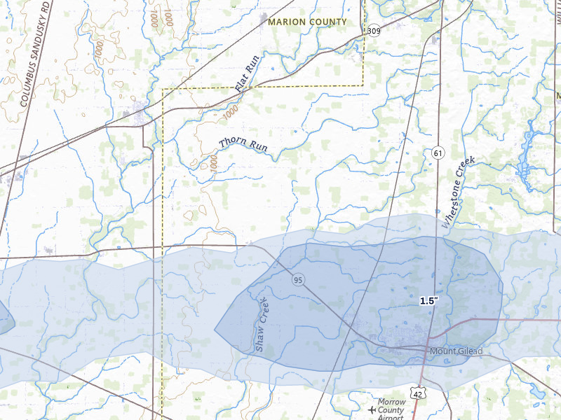NEXRAD radar-signature map of the hail over Edison, OH