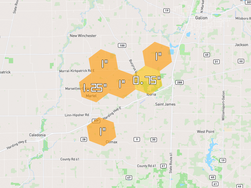 Hail map of Edison, OH on Jul 4, 2026, hail up to 1.25"