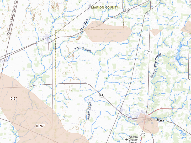 Radar-estimated hail-size map of the storm over Edison, OH on Jul 18, 2026