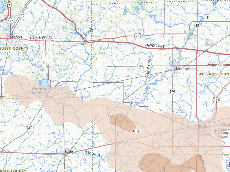 Radar-estimated hail-size map of the storm over Edon, OH on Mar 26, 2026