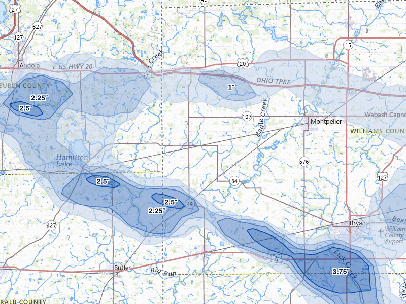NEXRAD radar-signature map of the hail over Edon, OH