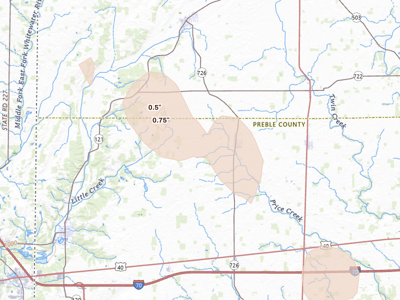 Radar-estimated hail-size map of the storm over Eldorado, OH on Jun 6, 2026