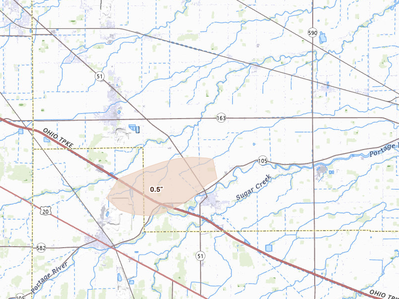 Radar-estimated hail-size map of the storm over Elmore, OH on Jun 25, 2026