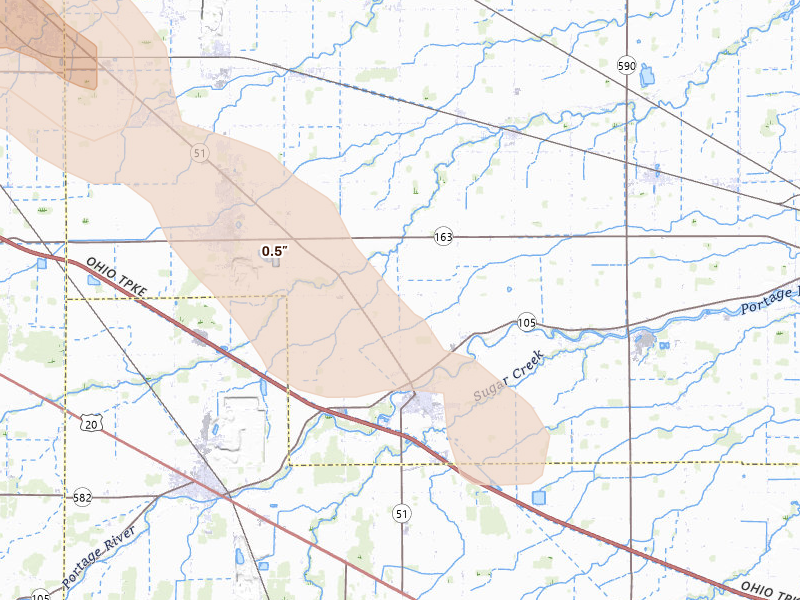 Radar-estimated hail-size map of the storm over Elmore, OH on Jul 27, 2026