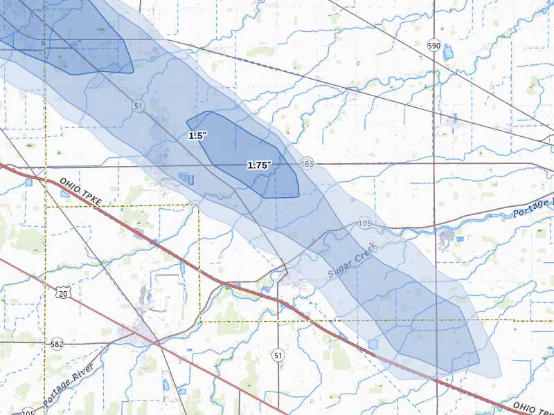 NEXRAD radar-signature map of the hail storm over Elmore, OH on Jul 27, 2026