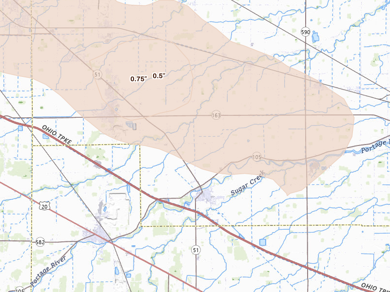 Radar-estimated hail-size map of the storm over Elmore, OH on Aug 10, 2026