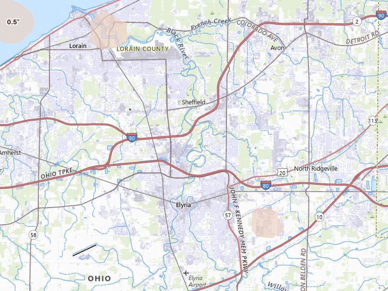 Radar-estimated hail-size map of the storm over Elyria, OH on Jul 18, 2026