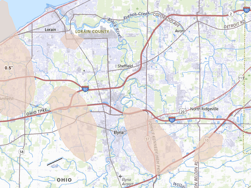 Radar-estimated hail-size map of the storm over Elyria, OH on Aug 10, 2026