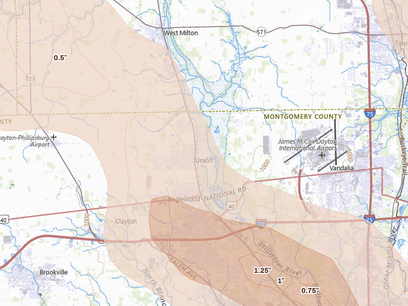 Radar-estimated hail-size map of the storm over Englewood, OH on Sep 4, 2026
