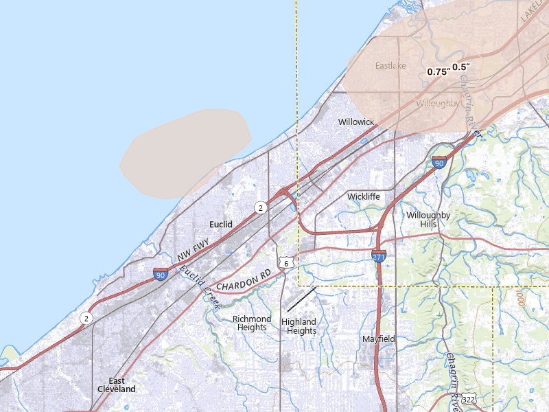 Radar-estimated hail-size map of the storm over Euclid, OH on Jun 10, 2026