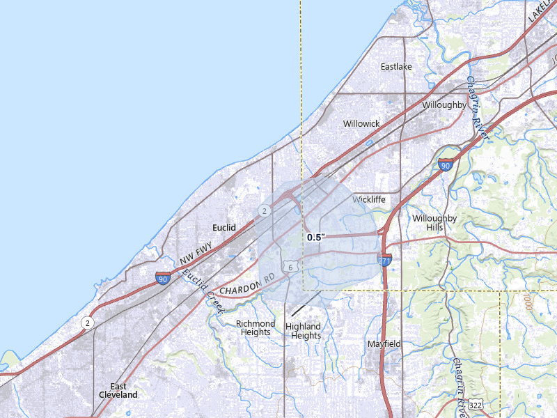 NEXRAD radar-signature map of the hail storm over Euclid, OH on Jul 3, 2026
