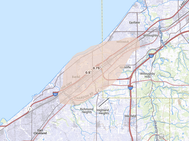 Radar-estimated hail-size map of the storm over Euclid, OH on Aug 22, 2026