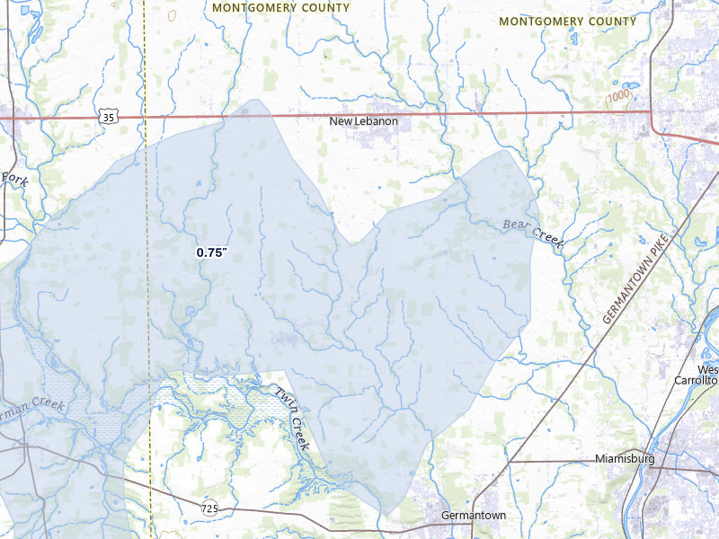 NEXRAD radar-signature map of the hail over Farmersville, OH