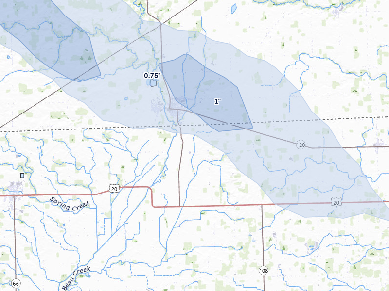 NEXRAD radar-signature map of the hail storm over Fayette, OH on Apr 22, 2026