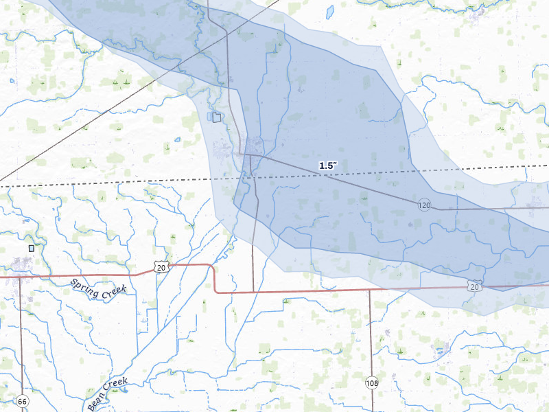 NEXRAD radar-signature map of the hail storm over Fayette, OH on Jul 20, 2026