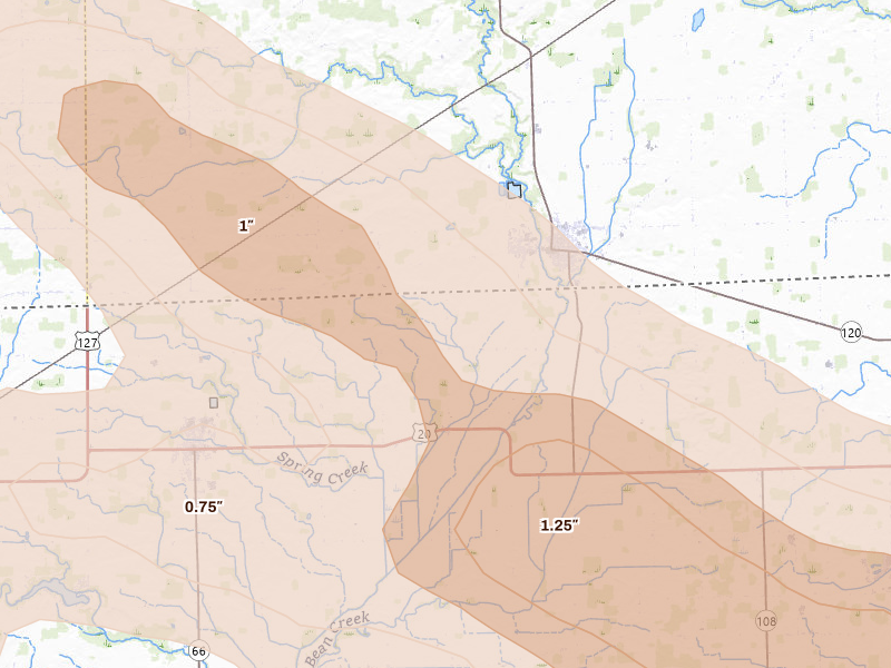 Radar-estimated hail-size map of the storm over Fayette, OH on Aug 10, 2026