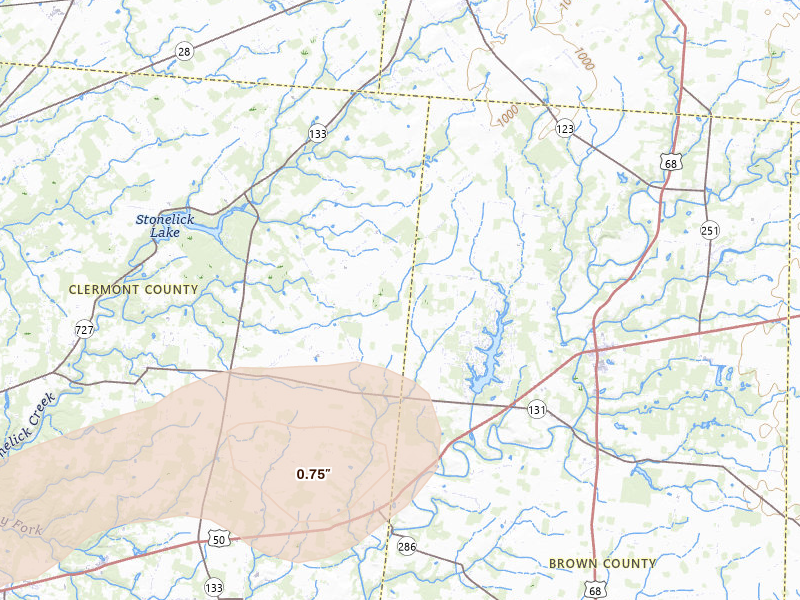 Radar-estimated hail-size map of the storm over Fayetteville, OH on Aug 6, 2026