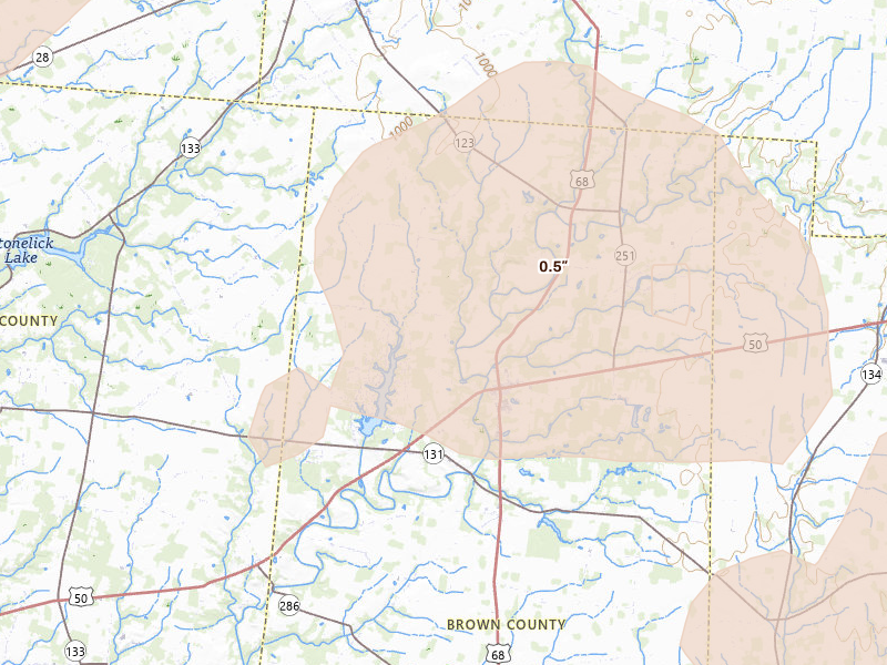 Radar-estimated hail-size map of the storm over Fayetteville, OH on Aug 11, 2026