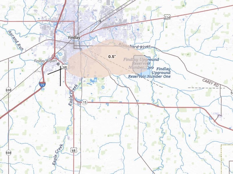 Radar-estimated hail-size map of the storm over Findlay, OH on Apr 22, 2026
