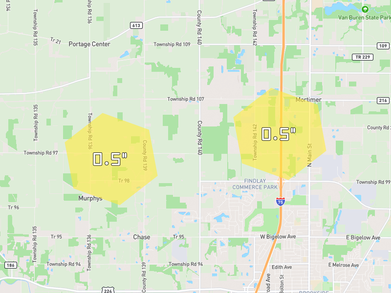 Hail map of Findlay, OH on Jul 3, 2026, hail up to 0.5"