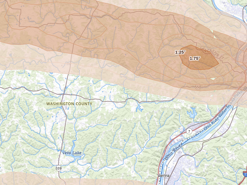 Radar-estimated hail-size map of the storm over Fleming, OH on Apr 1, 2026