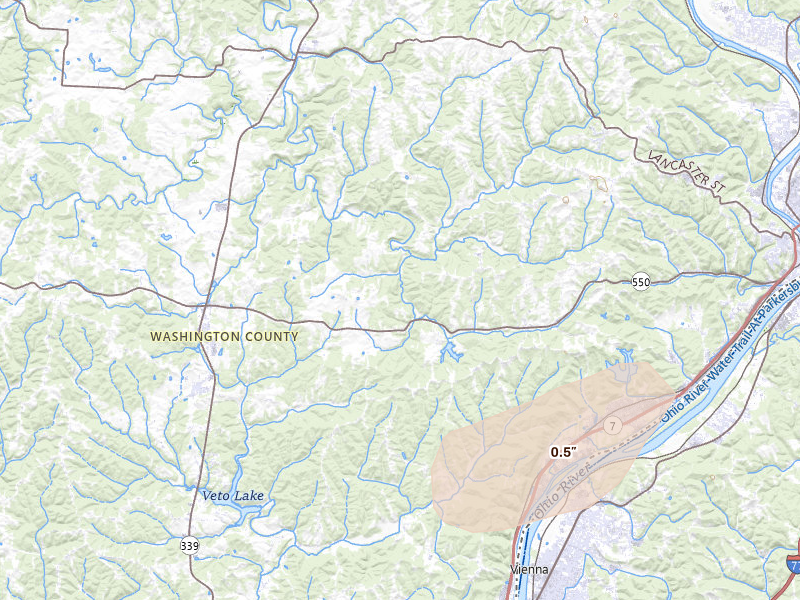Radar-estimated hail-size map of the storm over Fleming, OH on Aug 8, 2026
