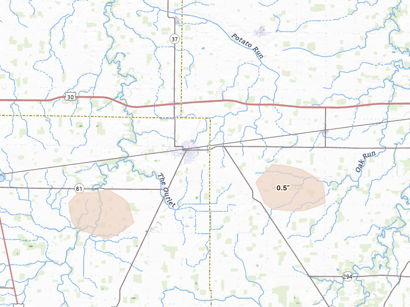 Radar-estimated hail-size map of the storm over Forest, OH on Jul 3, 2026