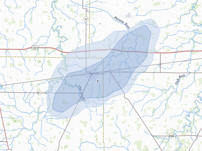 NEXRAD radar-signature map of the hail storm over Forest, OH on Jul 3, 2026