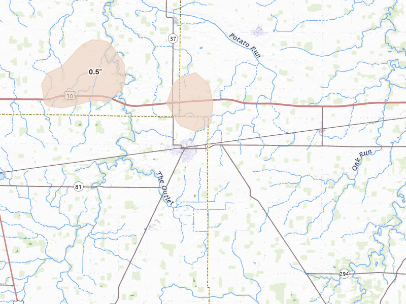 Radar-estimated hail-size map of the storm over Forest, OH on Jul 18, 2026