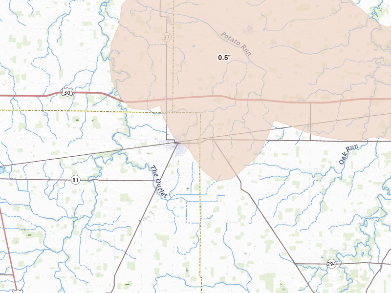 Radar-estimated hail-size map of the storm over Forest, OH on Aug 10, 2026