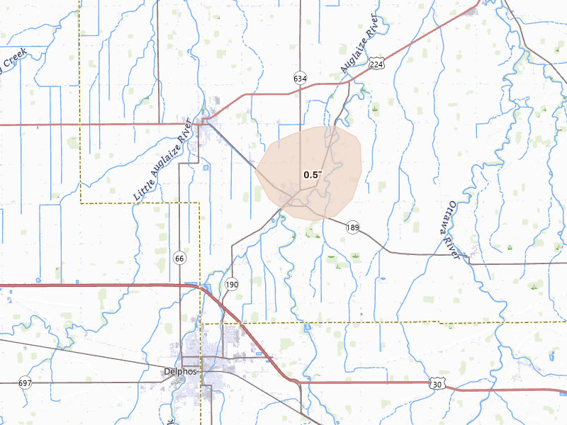 Radar-estimated hail-size map of the storm over Fort Jennings, OH on Jul 3, 2026